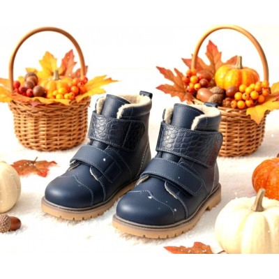 Cizmulite pentru copii din piele naturala,imblanite model BLU 1