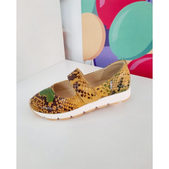 Balerini fete din piele naturala model PYTHONE YELLOW